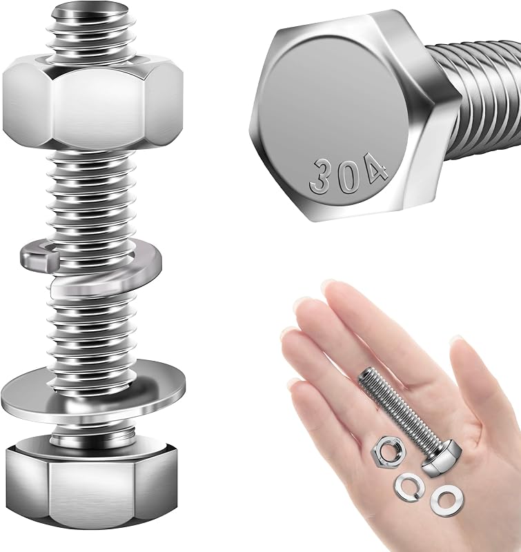 Mywish (10 Sets) 5/16-18x1-1/2 Hex Head Assorted Screws Nuts and Bolts with Flat & Lock Washers, 304 Stainless Steel 18-8, Fully Threaded, 5/16 Bolt Metric Bolt Assortment