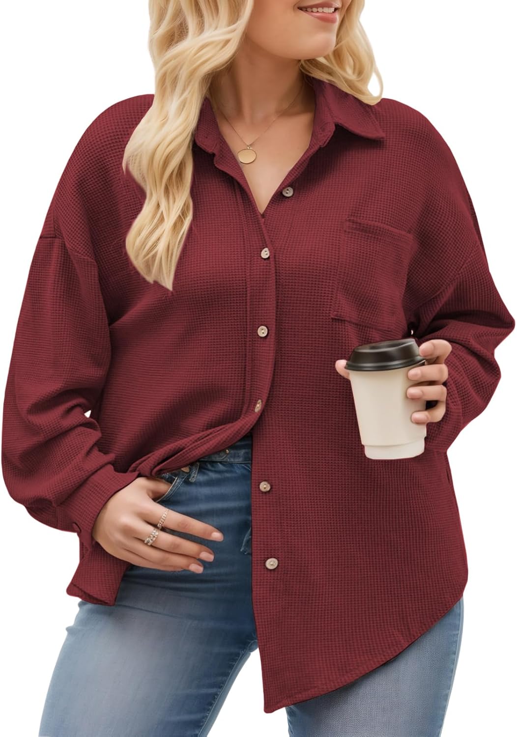 ROSRISS Plus Size Dressy Tops for Women Oversized Button Up Blouses Trendy Knit Shirts Cozy Chic Collared Tunics XL Wine Red - Image 3