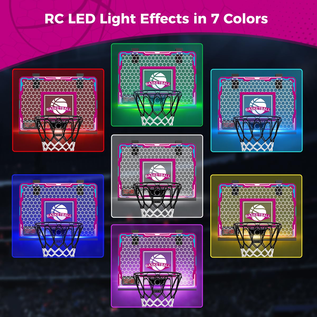 VATOS Canestro per Ragazze Indoor, Canestro Telecomandato Rosa con Tabellone Elettronico, Mini Set di Canestri a LED, Regali di Compleanno per Bambini e Bambine di 3 4 5 6 7 Anni