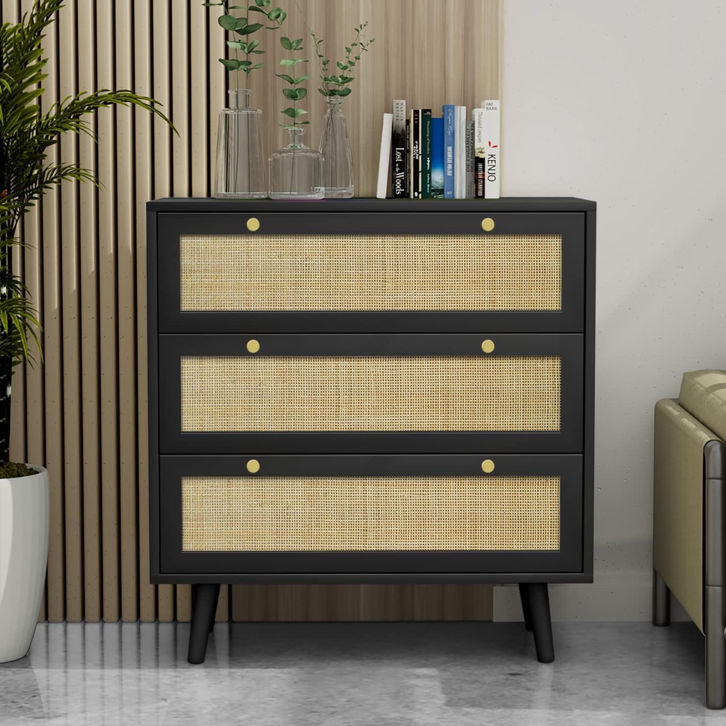 Anmytek Dresser for Bedroom with 3 Drawers, Modern Wood 3 Drawer Dresser, White Chest of Drawer with Spacious Storage Rattan Bedroom Furniture for Bedroom Living Room H0075