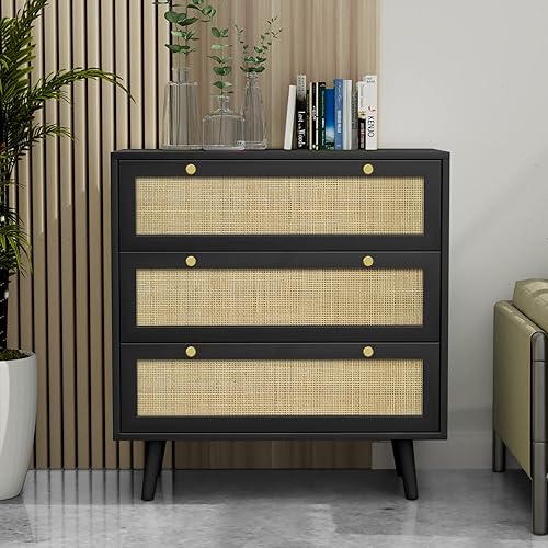 Anmytek Cómoda negra para dormitorio con 3 cajones, cómoda moderna de madera con 3 cajones, cómoda negra con amplio almacenamiento de ratán para