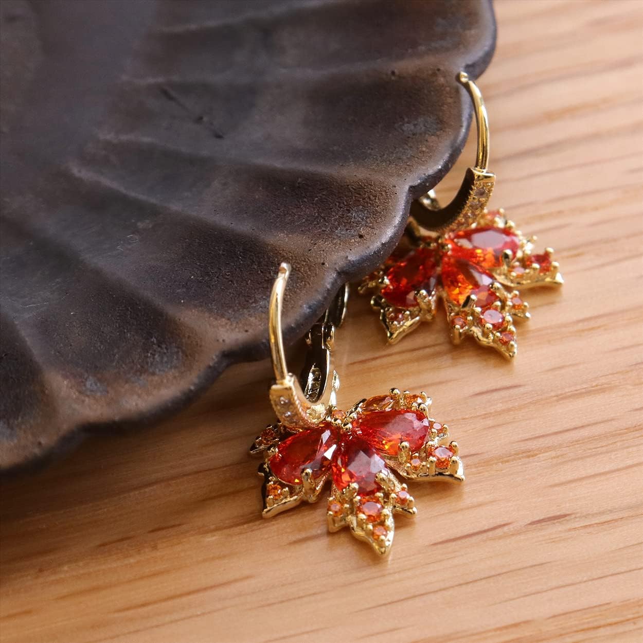 Maple Leaf Small Hoop Gold Earrings for Women, Orange Rhinestone Fall Leaves Autumn Dangle Drop Earing Holiday Fashion Jewelry Gift - Image 7