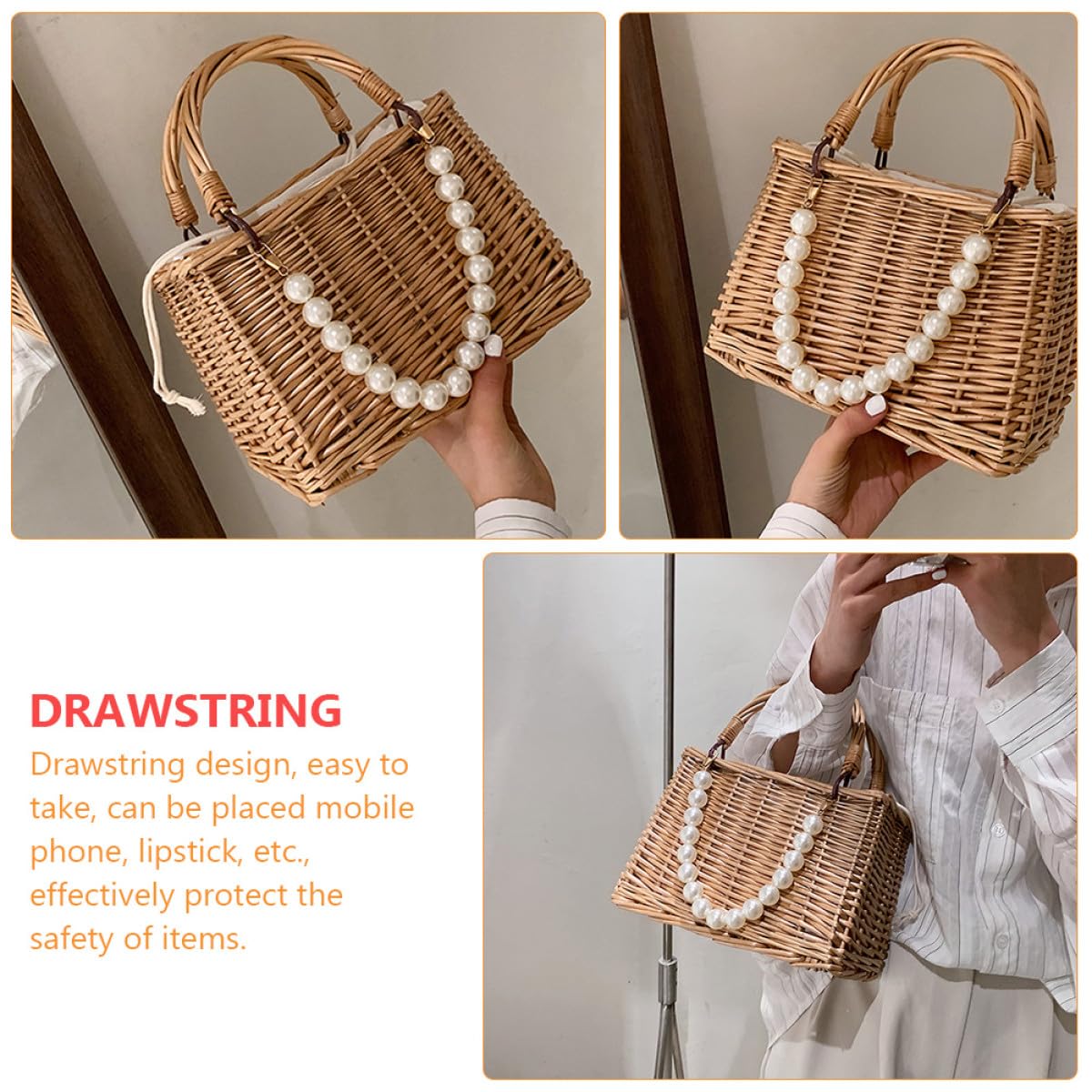 Bolso de Paja Perlas, Asa Superior, para Mujer de Playa