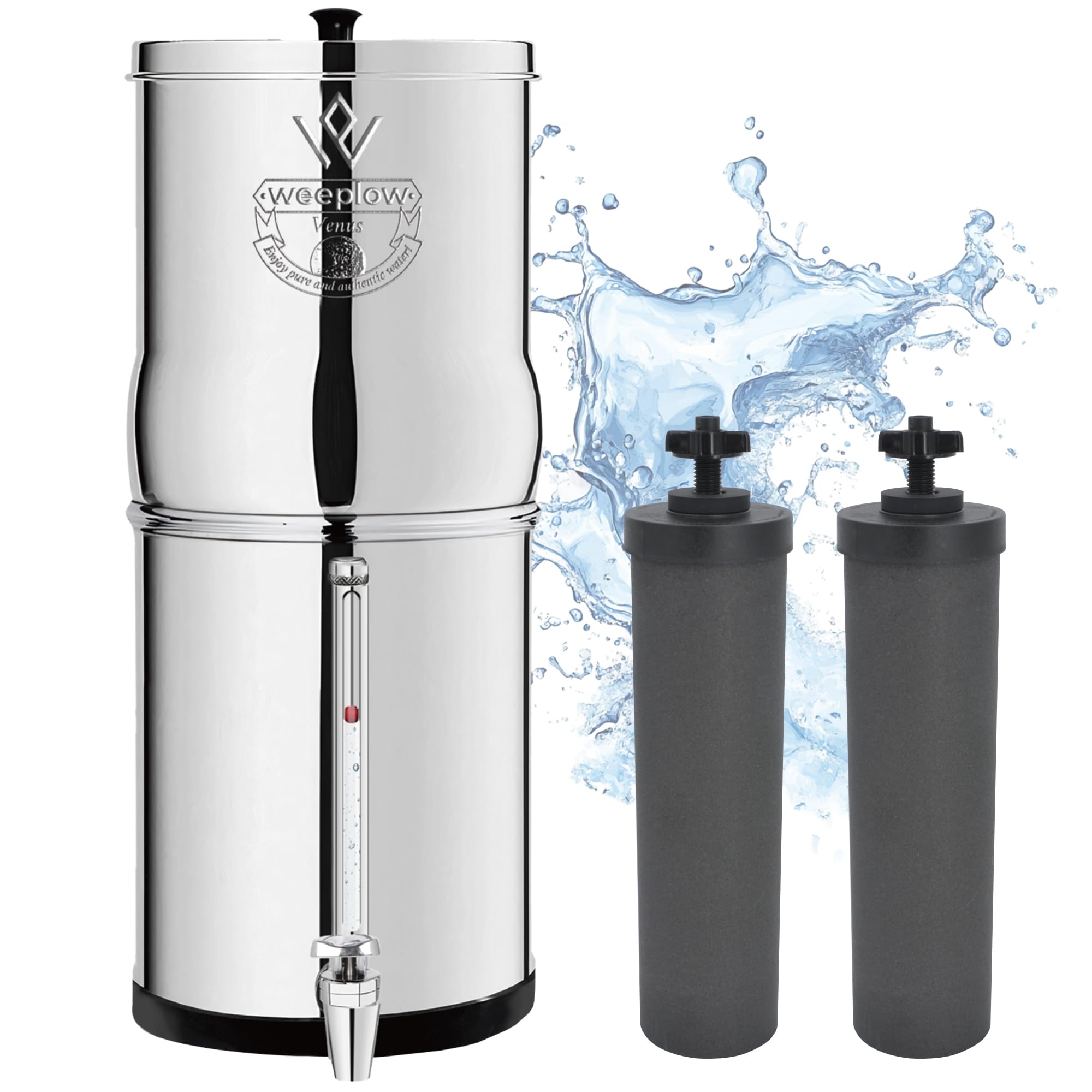 Weeplow® Venus ECO - Sistema de filtración de agua por gravedad 5,6 litros AISI 304 con 2 elementos de purificación O'Pure 2 y grifo 100% inoxidable (inox, 5,6 L ECO)