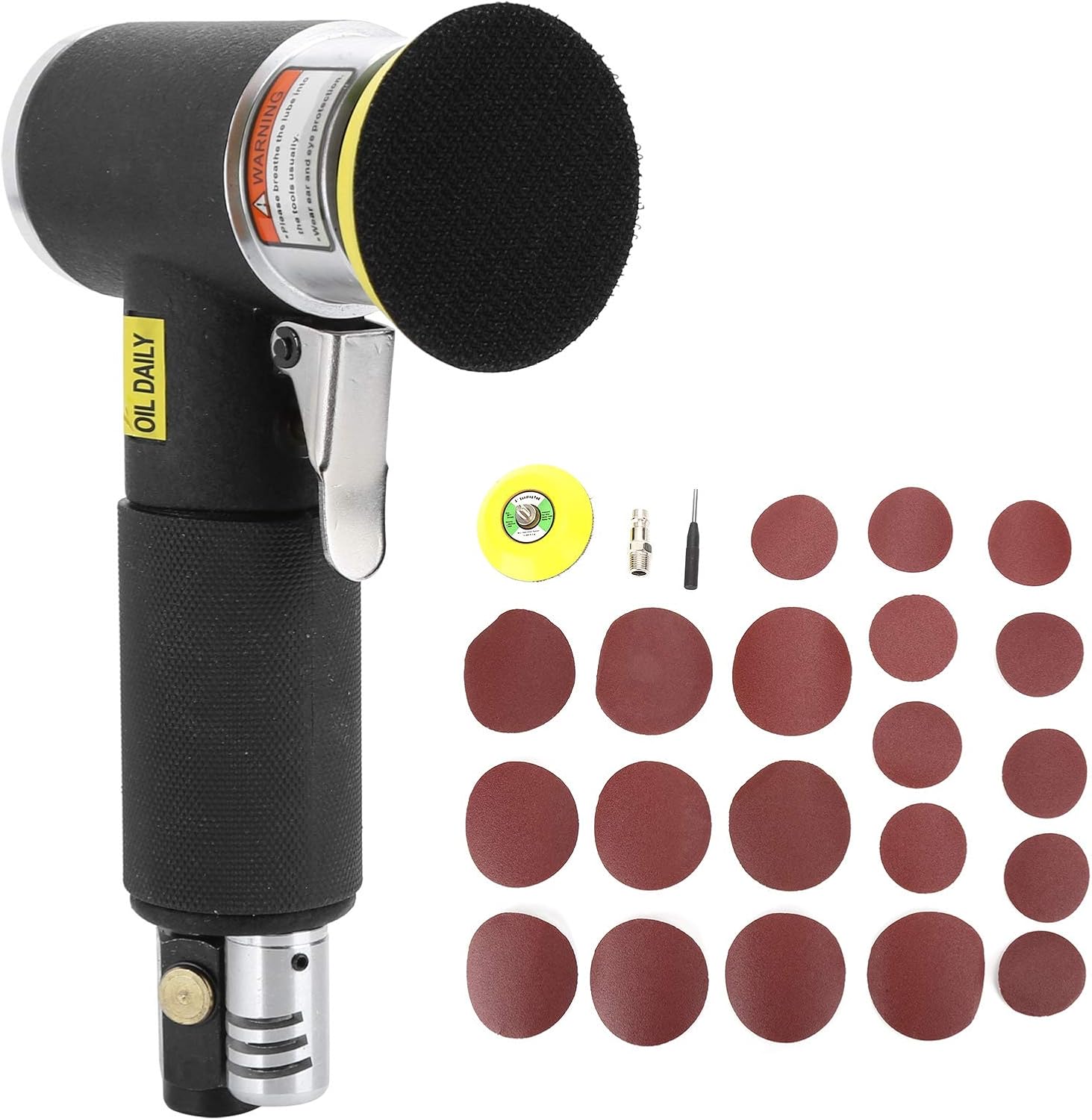 Mini Pneumatic Air Sander Eccentric Grinder, Air Sanding Machine with Hook and Loop Pad, 16000 RPM Polishing Tool for Automobile Metal Wood Detail Work (2-3 inches eccentric black + 10pcs sandpaper)