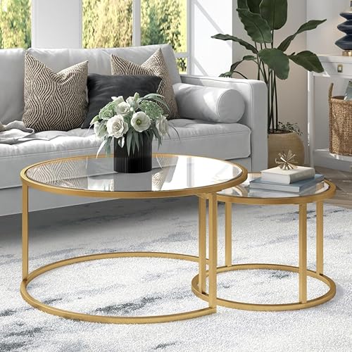 HomeRoots Set of Two 35' Gold Glass and Steel Round Nested Coffee Tables - Thumbnail 5