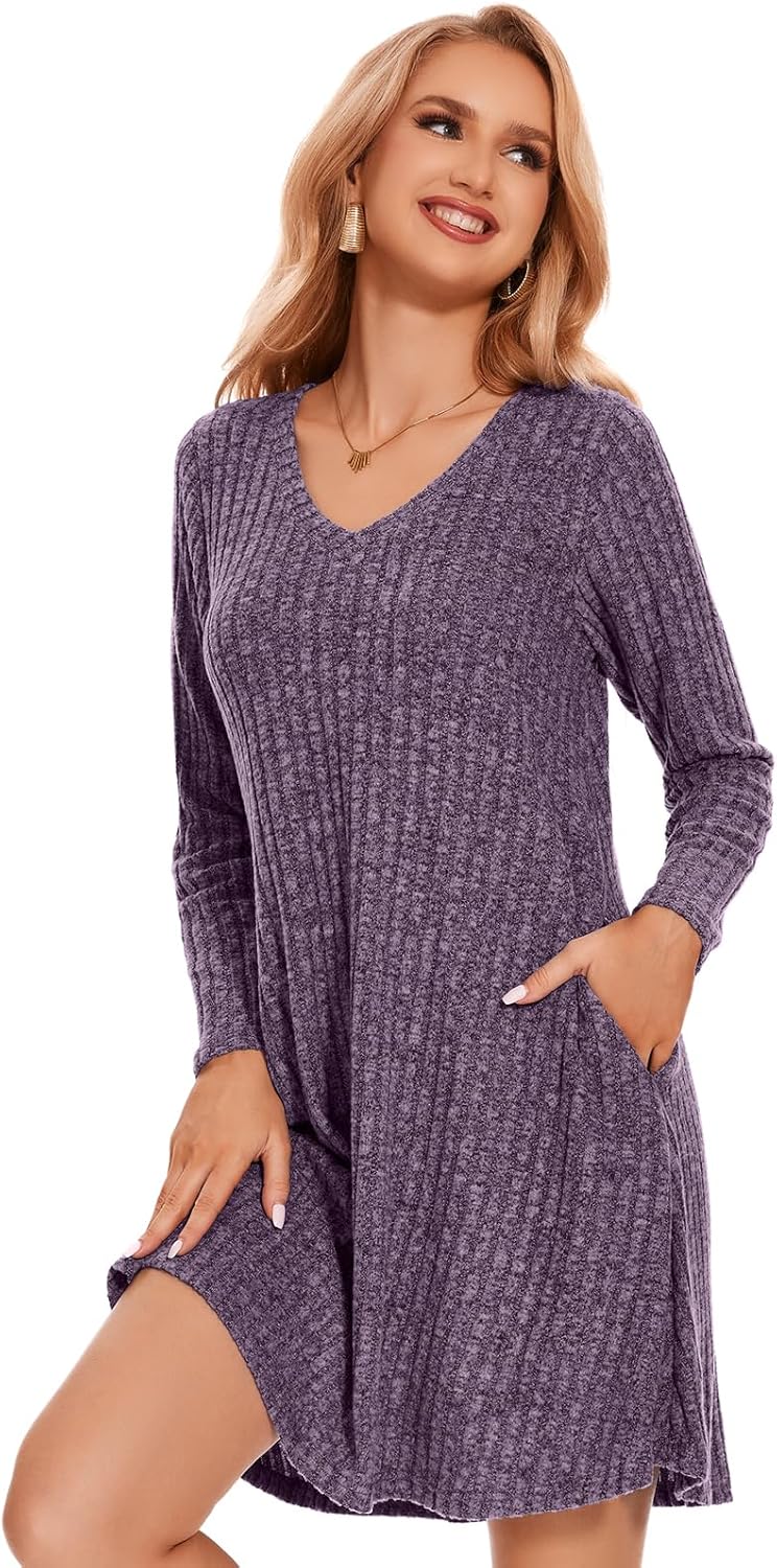 ZENNILO Women Plus Size Sweater Dress Long Sleeve Dress for Women Basic V Neck Fall Winter Tunic Dresses with Pockets - Image 5