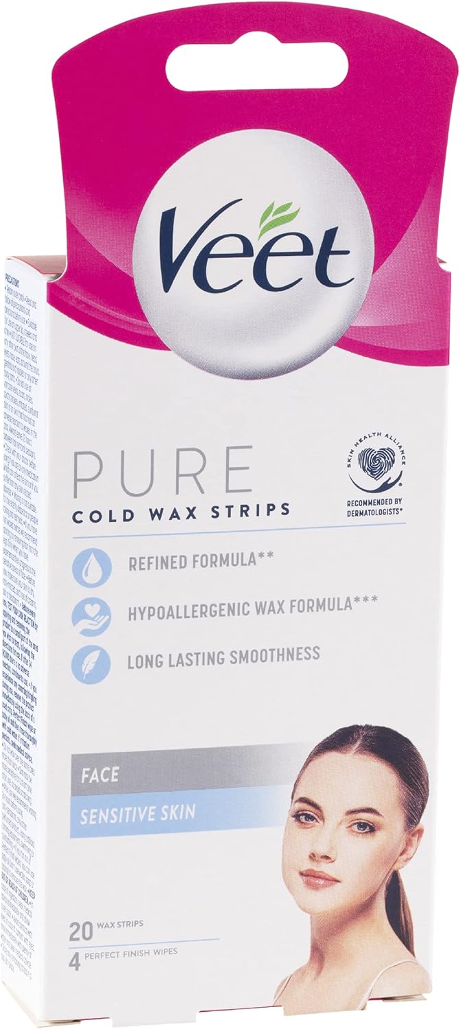 Veet Pure Face Hair Removal Cold Wax Strips Sensitive Skin, 20 Pack + 4