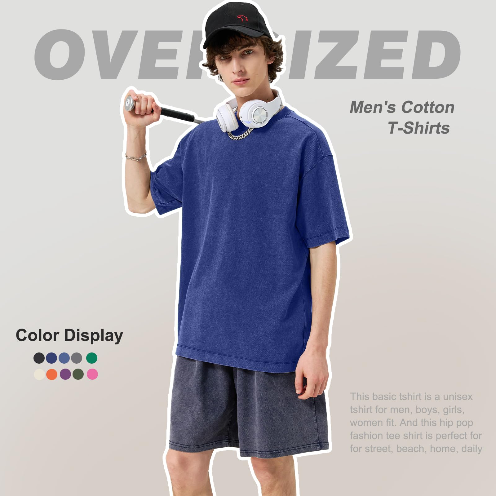Camisetas de algodón para hombre, extragrandes, unisex, manga corta, informales, holgadas, lavables, lisas, básicas, A-azul, L