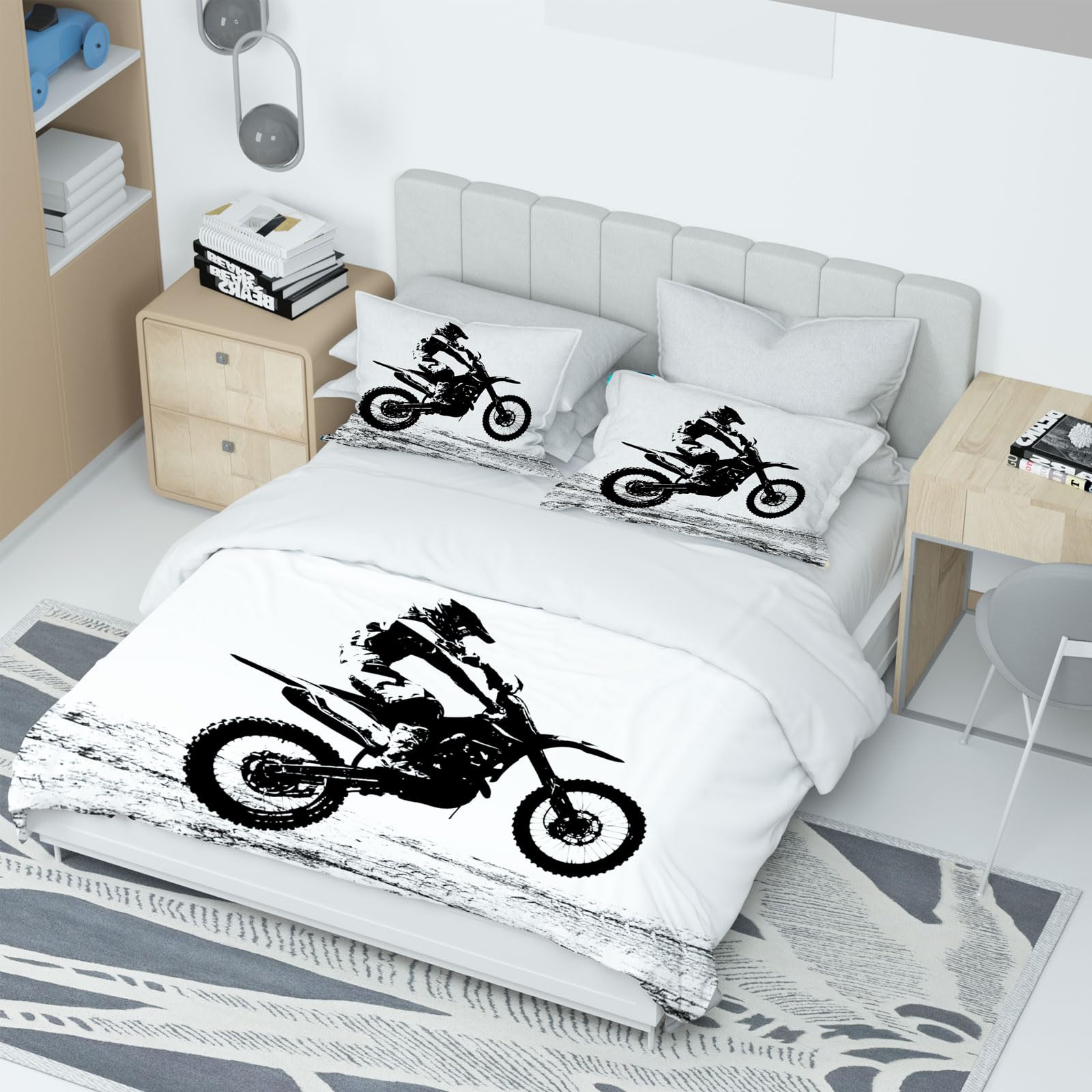 Copripiumino Moto 135 x 200 cm,3D Set di Biancheria da Letto a Tema Moto,con 2 federe da 50 x 75 cm, per adulti e bambini (Motocross-b, 135 x 200 cm)