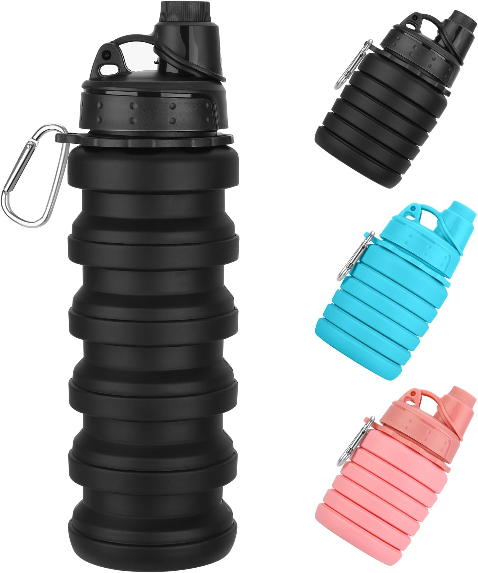 Collapsible Water Bottles, 16oz Reuseable BPA Free Silicone Foldable Water Bottle With Carabiner, Lightweight Leakproof Travel Water Bottle for Gym, Traveling, Camping, Hiking, Sports-Black