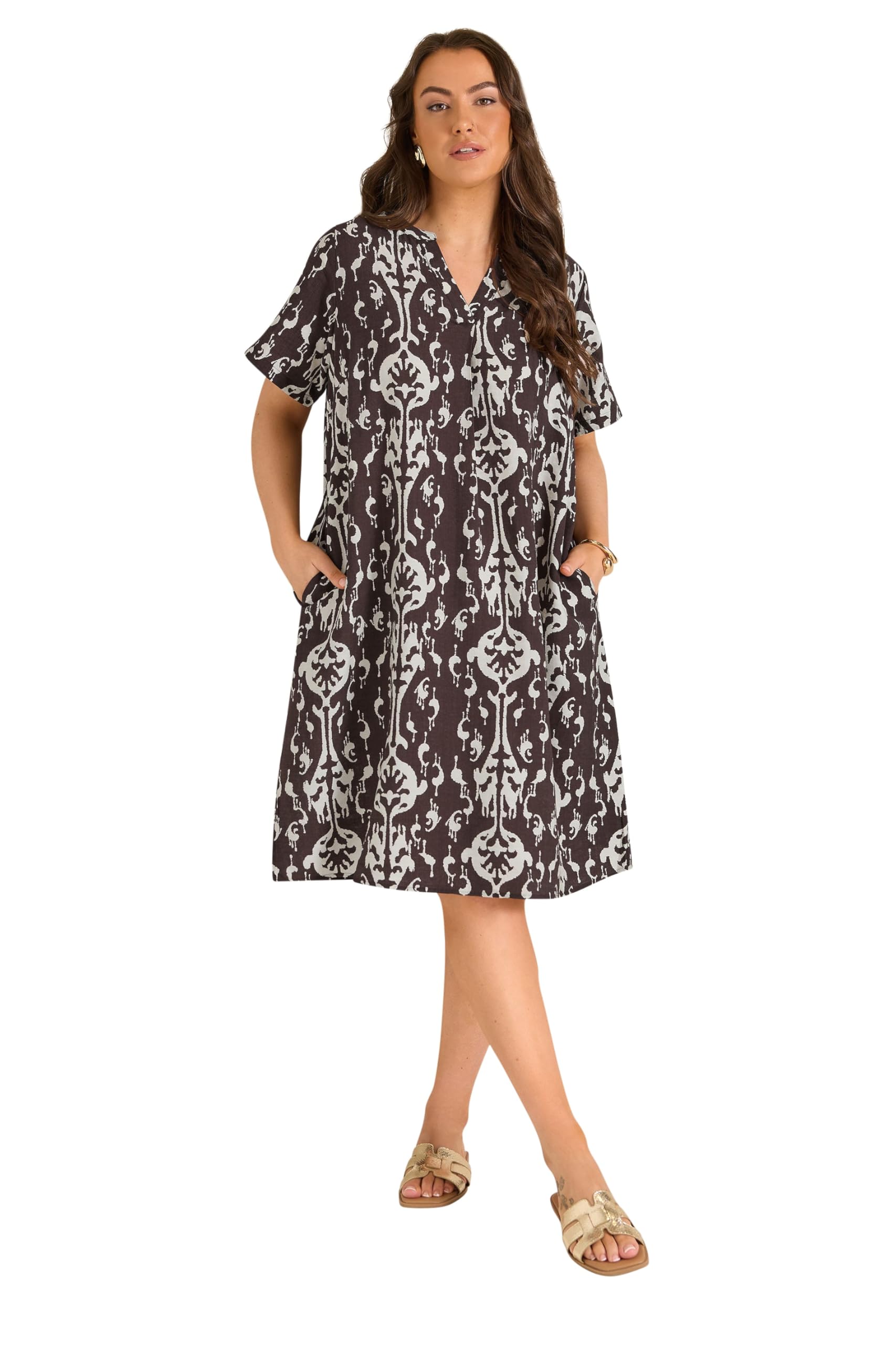 EVANS Curve Brown Abstract Print Midi Shift Dress - Women's - Plus Size Curve