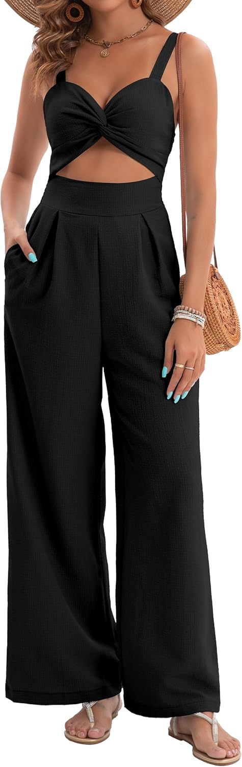 Womens Summer Jumpsuits Dressy Sexy V Neck Twist One Piece Outfits Sleeveless Casual Wide Leg Long Pant Rompers