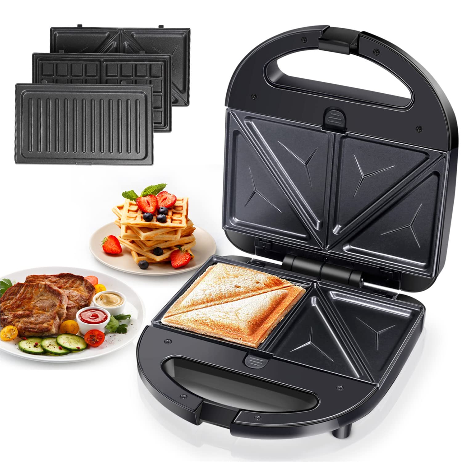 Aigostar Toastie Maker 3 in 1 Sandwich Maker, Deep Fill Sandwich Toasters, Panini Press Grill with Detachable Non-Stick Plates, LED Indicator Lights, Cool Touch Handle, Easy to Clean, 750W, Robin30IBG