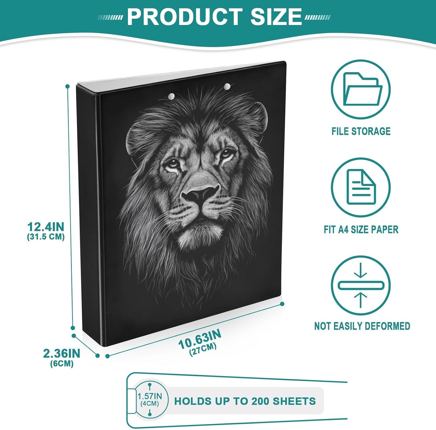 3 Ring Binder Black Head of A Lion Round Ring Clipboard Binder Holds 1.5 Inch Three Rings Binders with PVC Pockets for School Office Supplies, 1 Pack