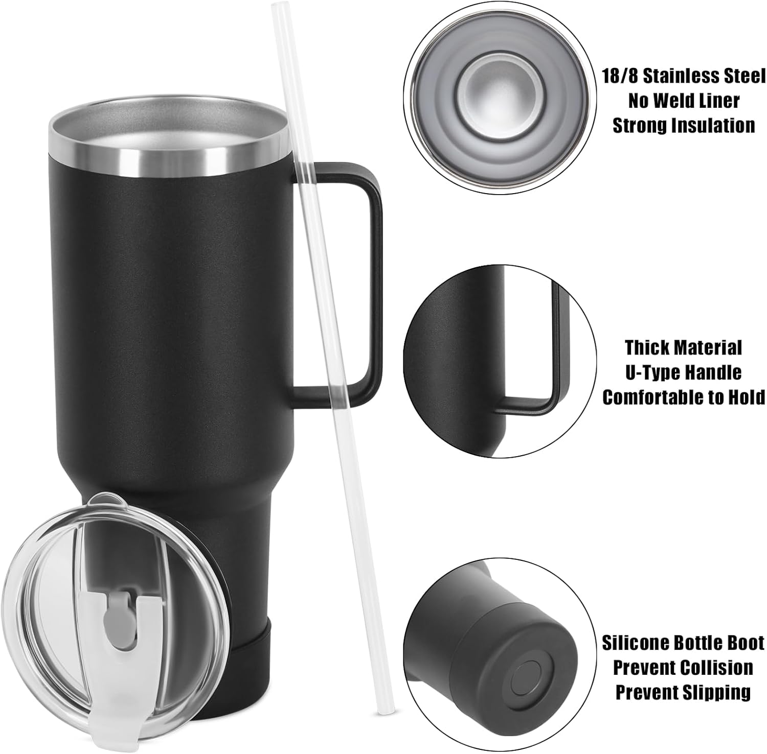 4 Pack 40 Oz Tumbler with Handle and Straw, Stainless Steel Double Wall Vacuum Insulated Cup, 40 OZ Travel Coffee Mug Bulk with Silicone Water Bottle Boot(Black)