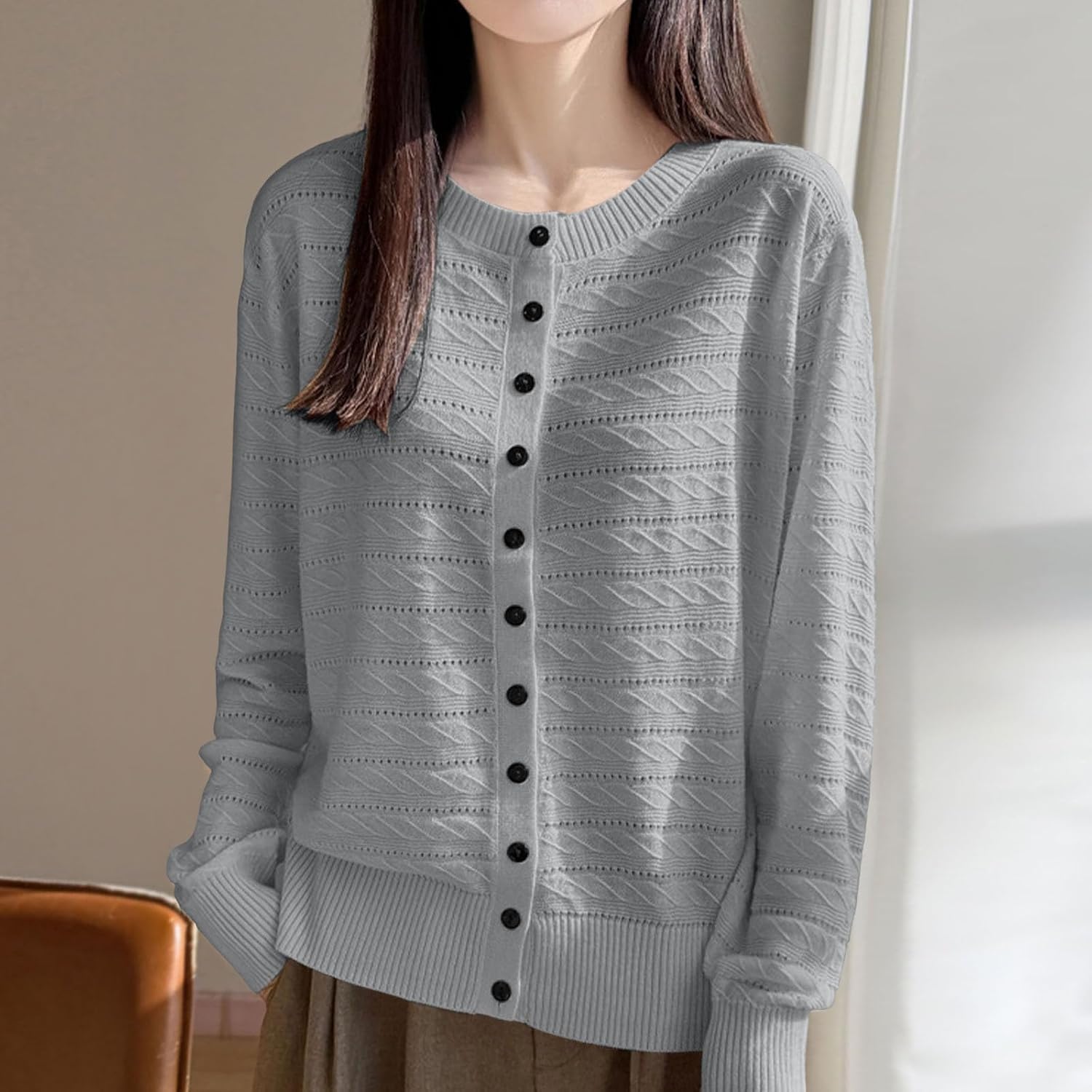 Crochet Sweaters for Women Button Up Crewneck Cable Knit Cardigan