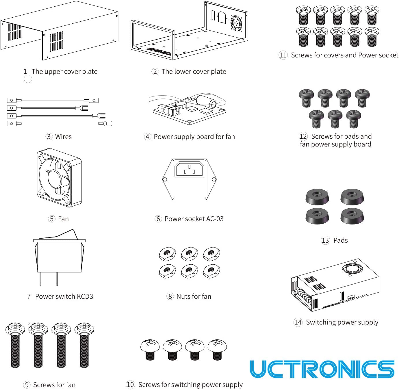 Detailed view of all components included in the UCTRONICS U6232 bundle, numbered for identification.