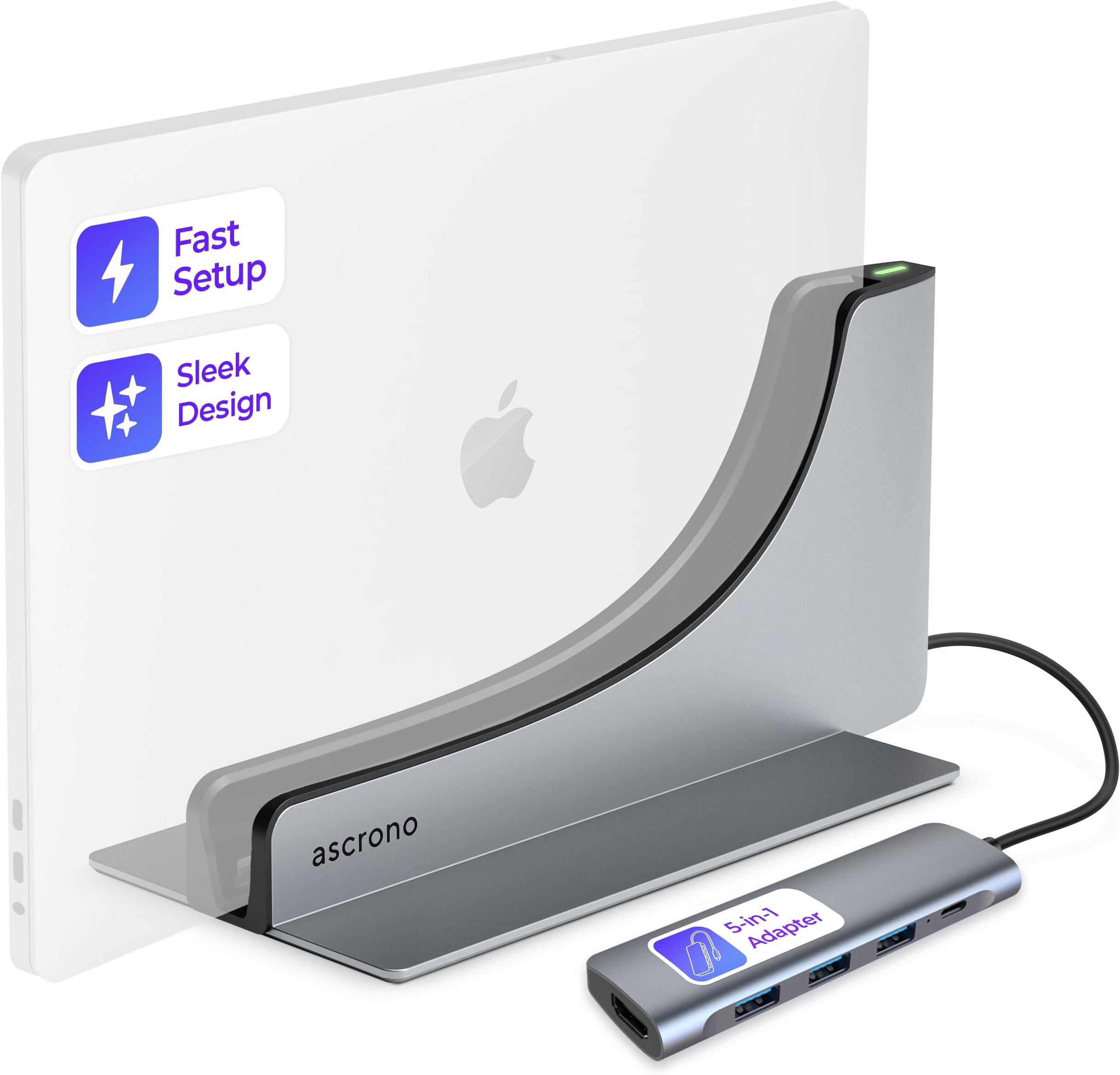 Ascrono | Vertical Docking Station Hub Bundle | Compatible with Apple MacBook Air 15 inch M2 2023, with MagSafe Plug | Includes Multiport-Adapter for 4K Resolution HDMI Monitor