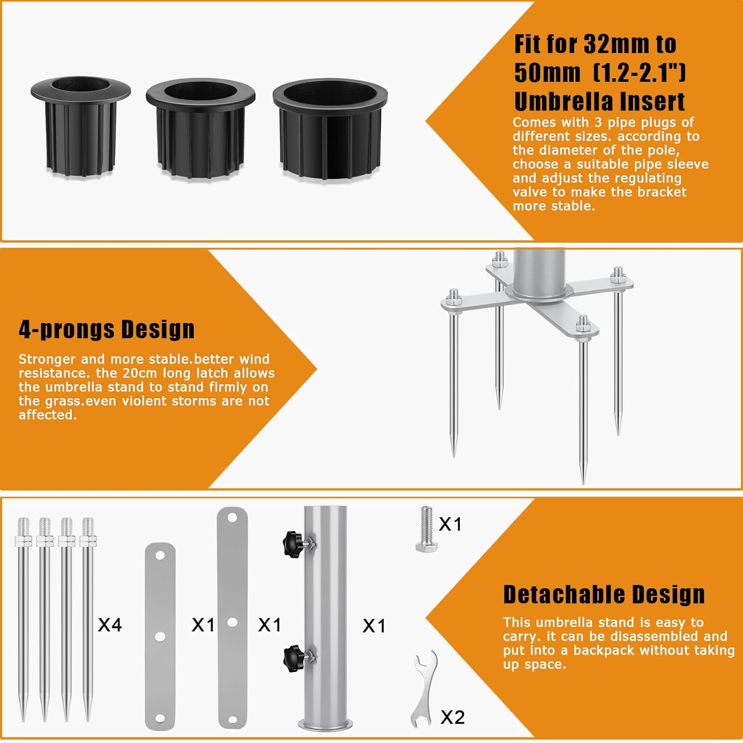 Removable Inground Umbrella Stand Anchor with 4 Spike, Metal Grass Umbrella Ground Stake, Outdoor in Ground Parasol Base Mount, Beach Umbrella Sand Anchor Holder for Beach,Sand,Yard,Lawn