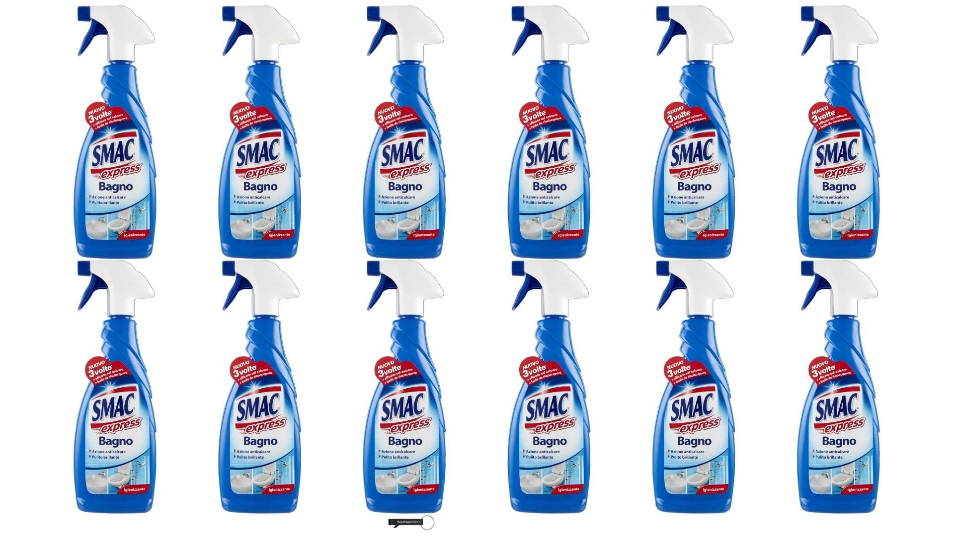 Smac Express, 12 detergenti igienici per bagno, spray detergente multisuperficie con potere anticalcare, 650 ml + portachiavi Italy Shop Service in omaggio