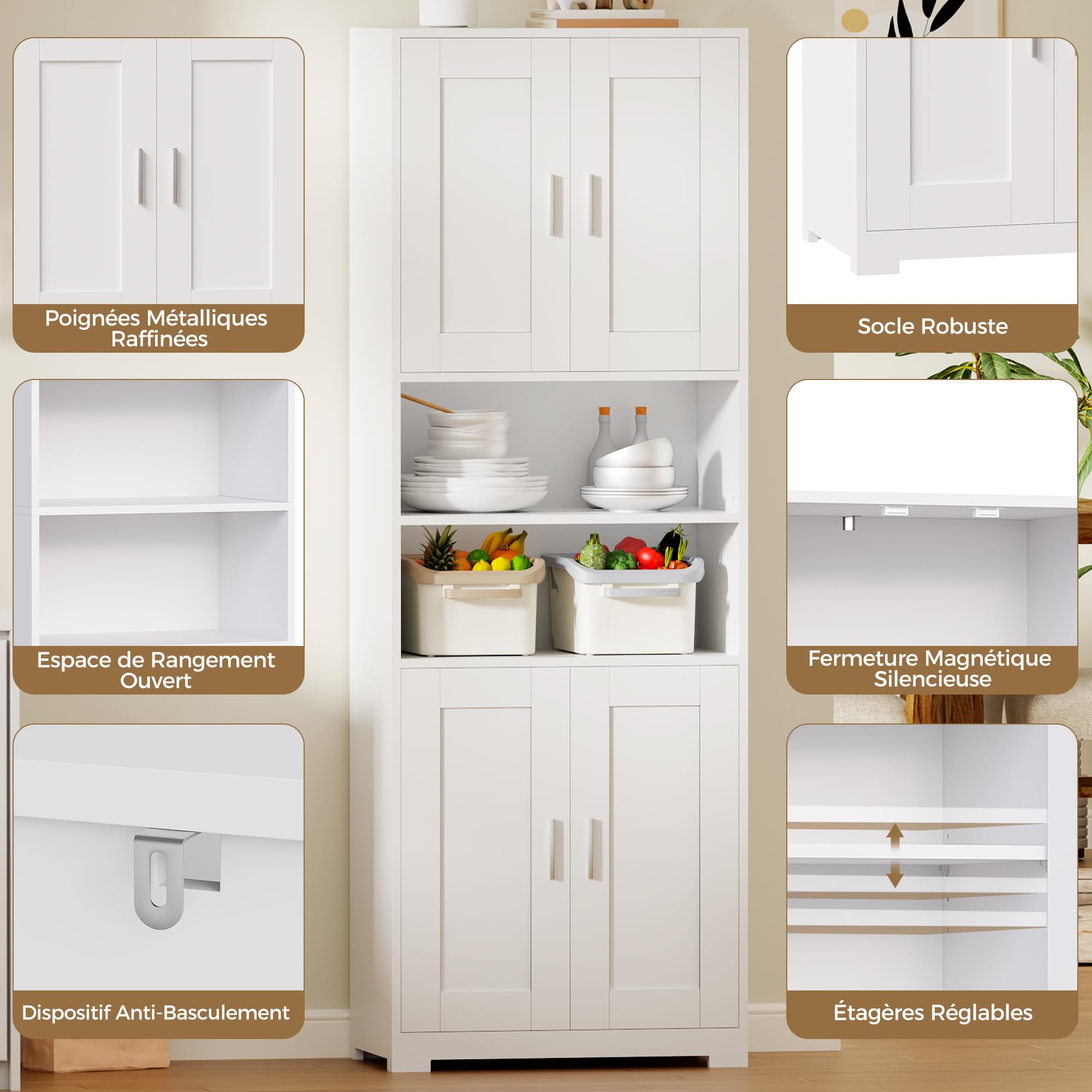 BEWISHOME Armoire de Salle de Bain, Meuble Salle de Bain Rangement, Meuble Colonne de Salle de Bain avec Étagères Réglables, pour Salon Cuisine 60x30x170cm Blanc EYYG09W