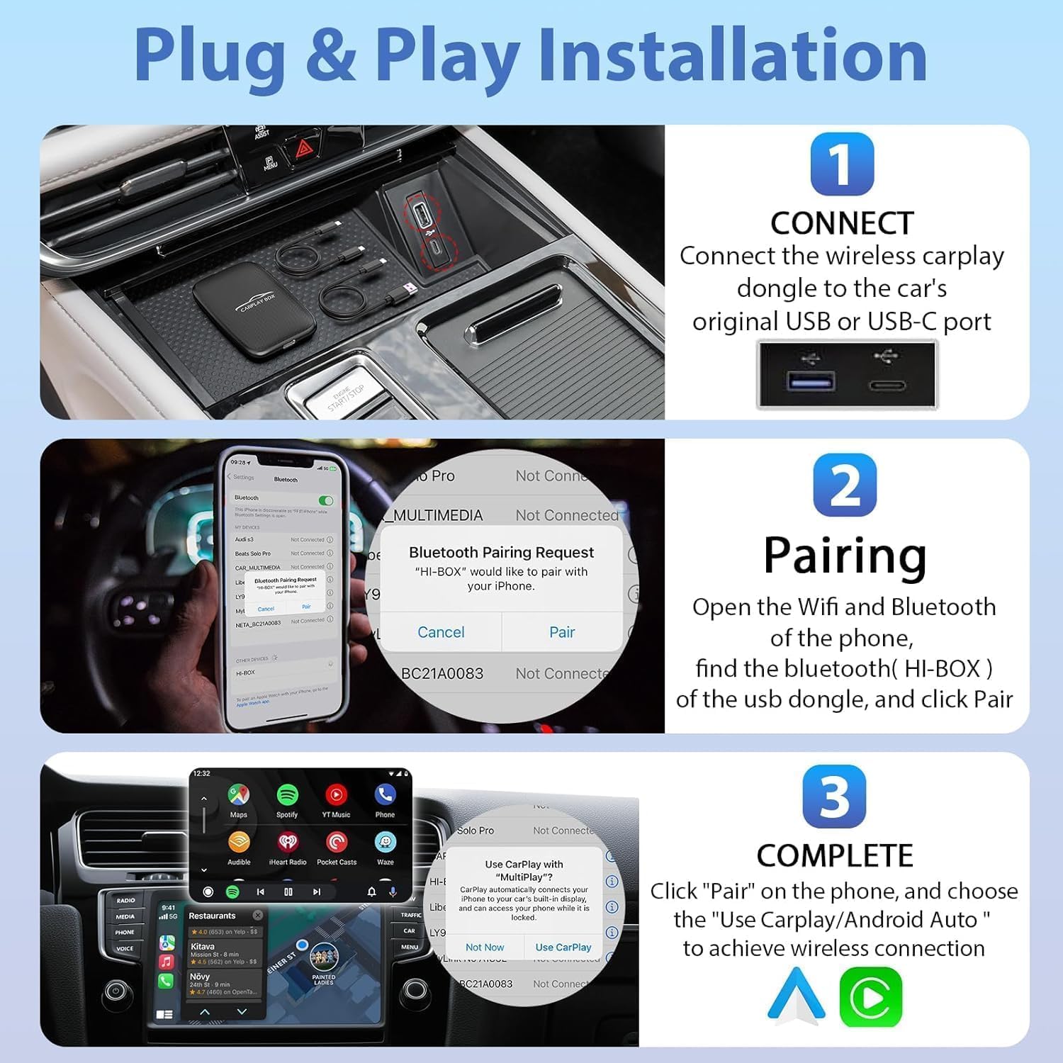 3-in-1 Wireless Carplay and Android Auto Adapter Streaming Video Fits Netflix/YouTube/TF Card, 2025 Upgrade Magic Car Play Vedio Box Converts OEM Wired to Wireless CarPlay Adapter for Cars from 2016