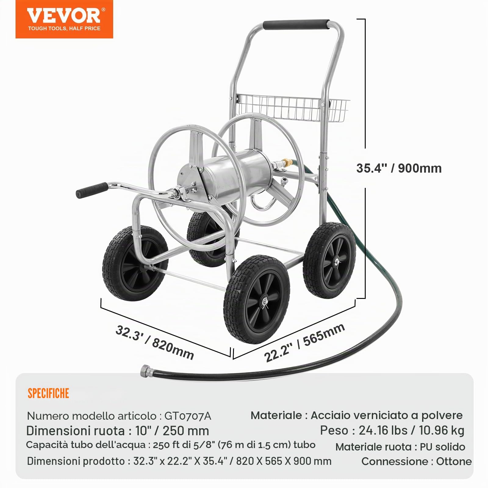 VEVOR Carrello avvolgitubo, può contenere fino a 250 piedi di tubo da 5/8", carrelli per tubi dell'acqua da giardino, strumenti mobili con 4 ruote, piantagione da esterno in acciaio verniciato a polve