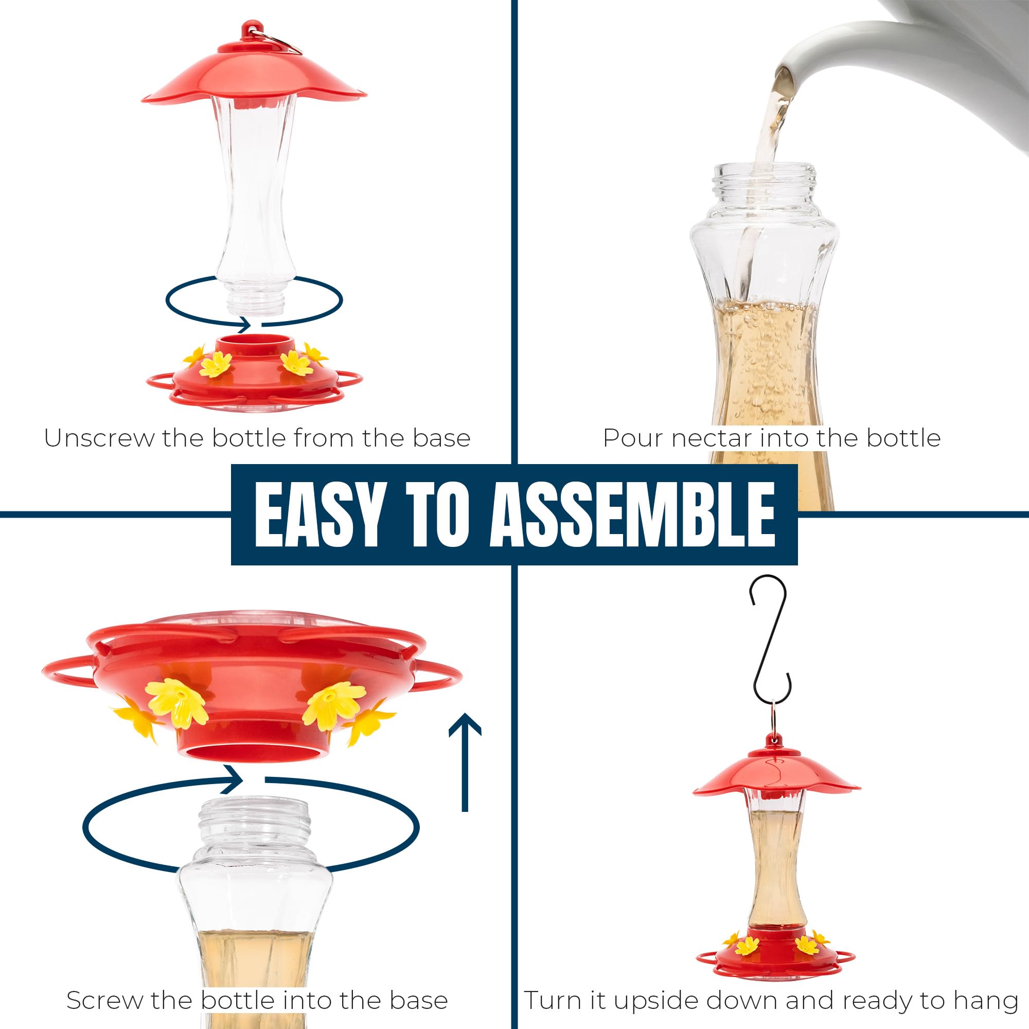 MEKKAPRO Hummingbird Feeders for Outdoors Glass - Red Hummingbird Feeders for Outdoors, Metal Ring, Bee-Proof Design, Easy Assembly, Red Hummingbird Feeder 10 oz (2-Pack) - 5