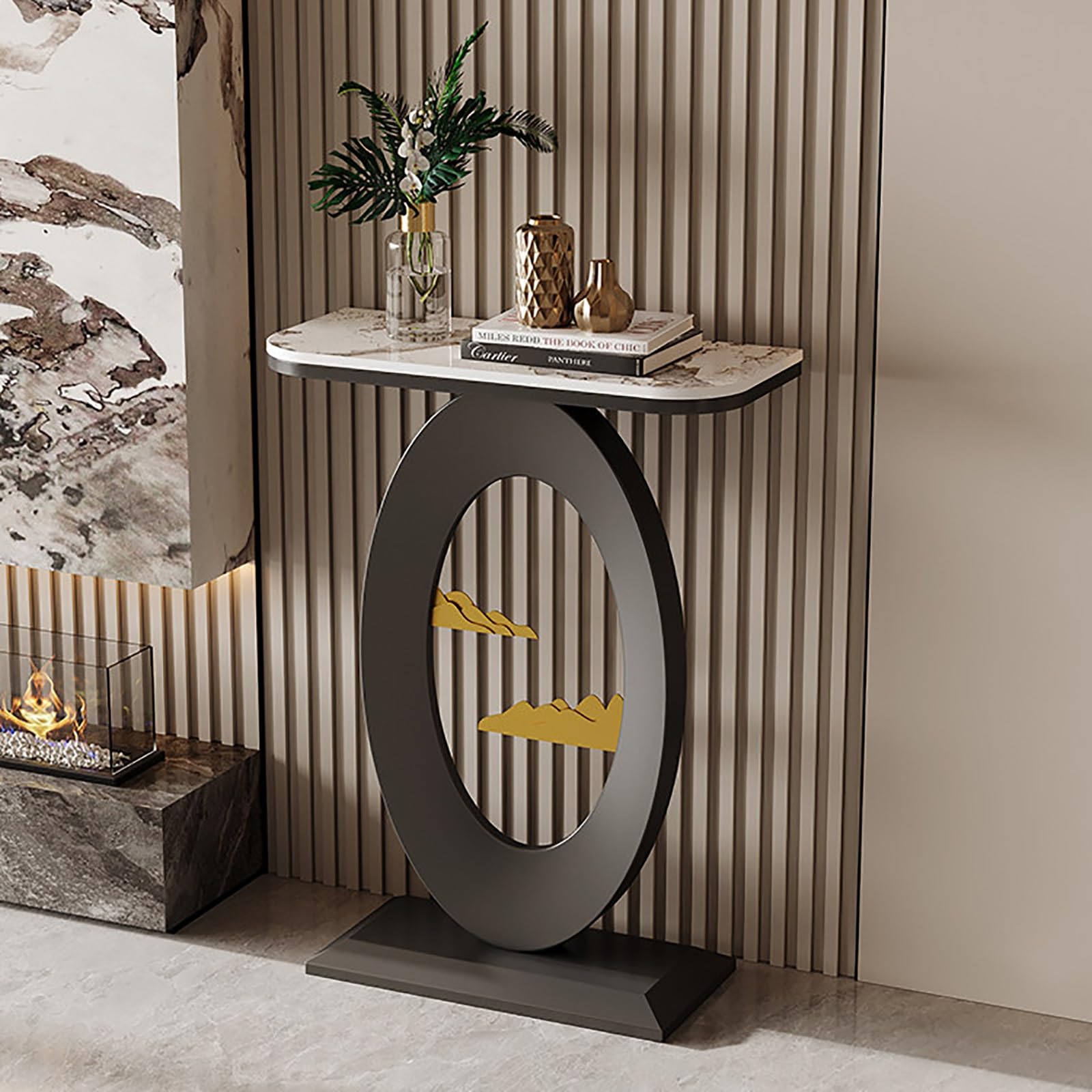 Mesa de sofá estrecha para sala de estar con encimera de mármol moderna y base de metal estable