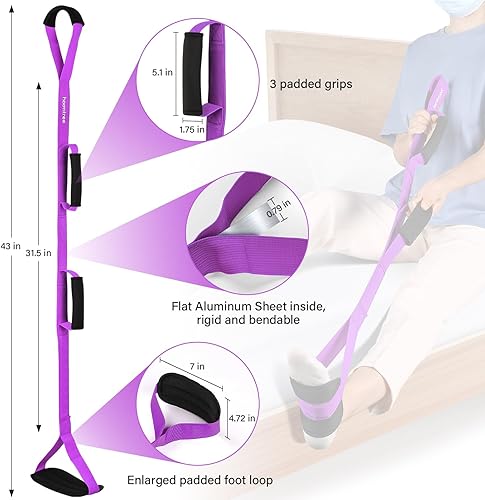 Miniatura 5 de Correa de levantamiento de piernas de 43 pulgadas de largo con asas acolchadas y bucle para el pie, levantador rígido de piernas para recuperación