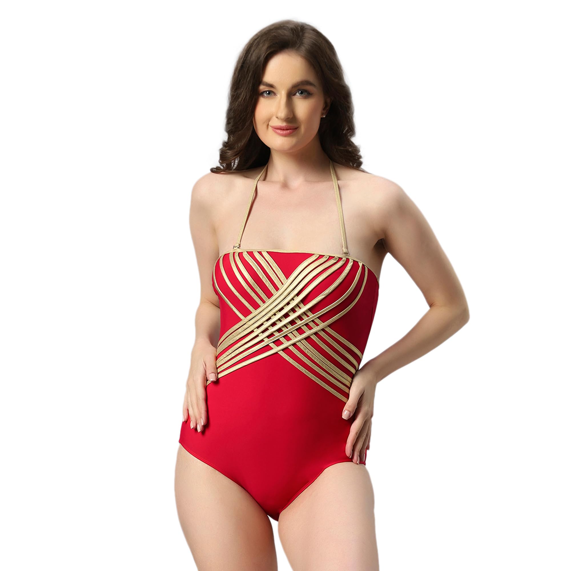 soie Women Metallic Halter Neck Backless Monokini Swimsuit-picture-22