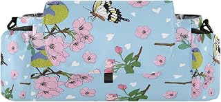 CUPADA Spring Pink Floral Universal Stroller Organizer with Cup Holders, Large Capacity Butterfly Birds Baby Stroller Organizer Bag Adjustable Strap Fit Most All Strollers