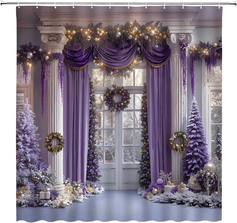 Christmas Shower Curtain Winter Window Scene Xmas Wreath Pine Tree Ball Snowy Winter Holiday Happy New Year Fabric Bathroom Decor Curtains with Hooks,82 x 70
