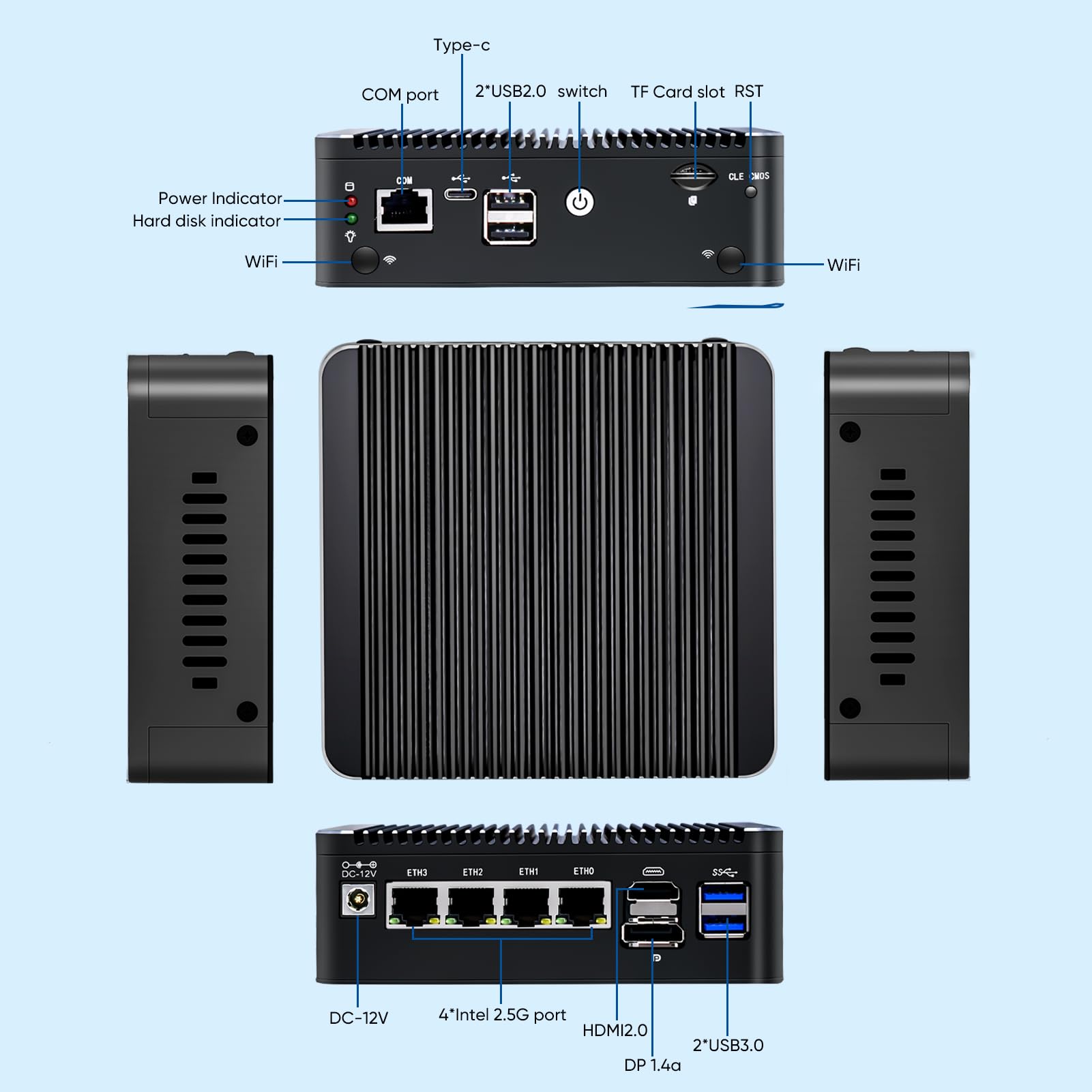 FakestarPC 12th Gen N150(Upgraded N100, 4C/4T) 2.5G Soft Router 4X i226-V LAN 1*COM RJ45 4USB Fanless Mini PC Firewall Computer Type-C pf-Sense PVE ESXi, No Ram No Storage