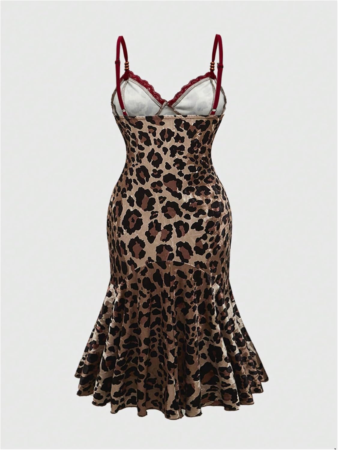 WDIRARA Women's Plus Size Leopard Bodycon Cami Dress V Neck Ruffle Hem Fishtail Midi Dresses - Image 2