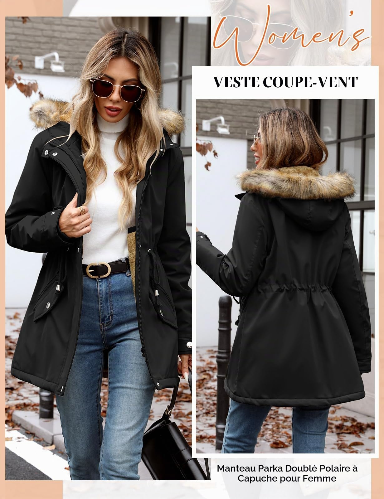 UMIPUBO Manteau Femme Hiver Parka Manteaux Imperméable Chaud Veste à Capuche Polaire Doublure Blouson avec Zippé Longue Outercoat