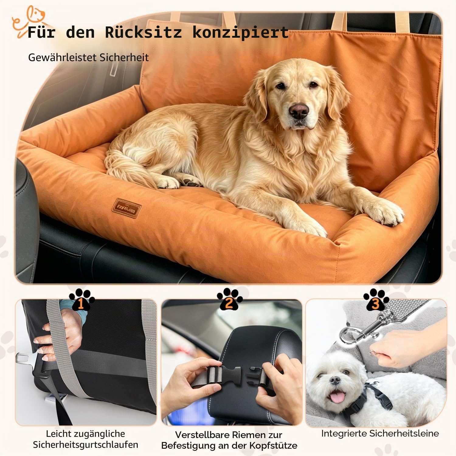 Nobleza - Hunde Autositz für Mittelgroße und Große Hunde, Wasserdichter Rutschfester, Autositz Hund mit 2 Sicherheitsleinen, Geeignet für mittelgroße bis große Hunde, L92*W52*H47cm, Orange