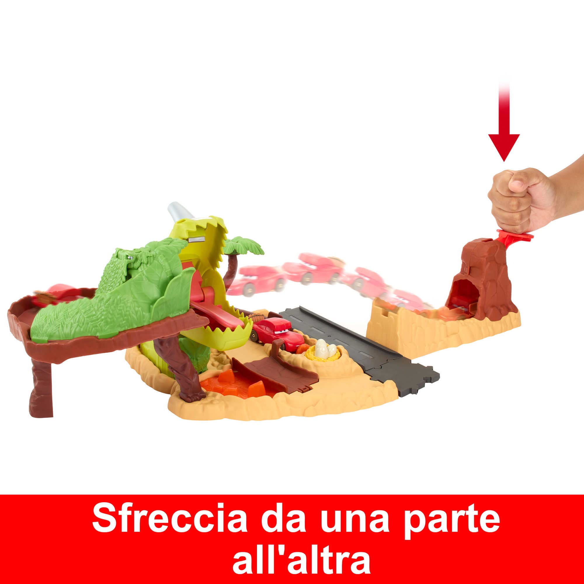 Mattel Disney Pixar Cars On The Road - Set Parco dei Dinosauri, playset con macchinina Saetta McQueen, un dinosauro e azione attivabile, giocattolo per bambini, 4+ anni, HNL99