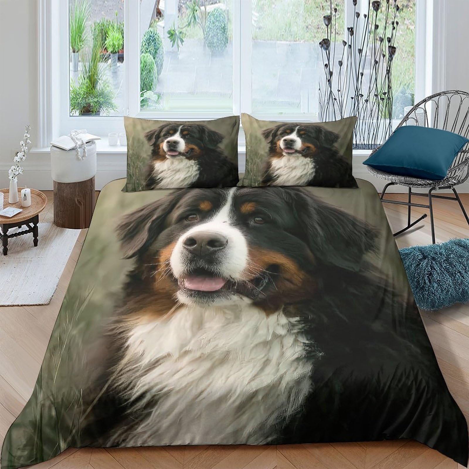 TUFRTGYHN 3D Printed Bernese Mountain Dog Duvet Cover Microfiber Soft Breathable Realistic Pet Bedding Set with 2 Pillowcases for Bedroom Decor Single（135x200cm）