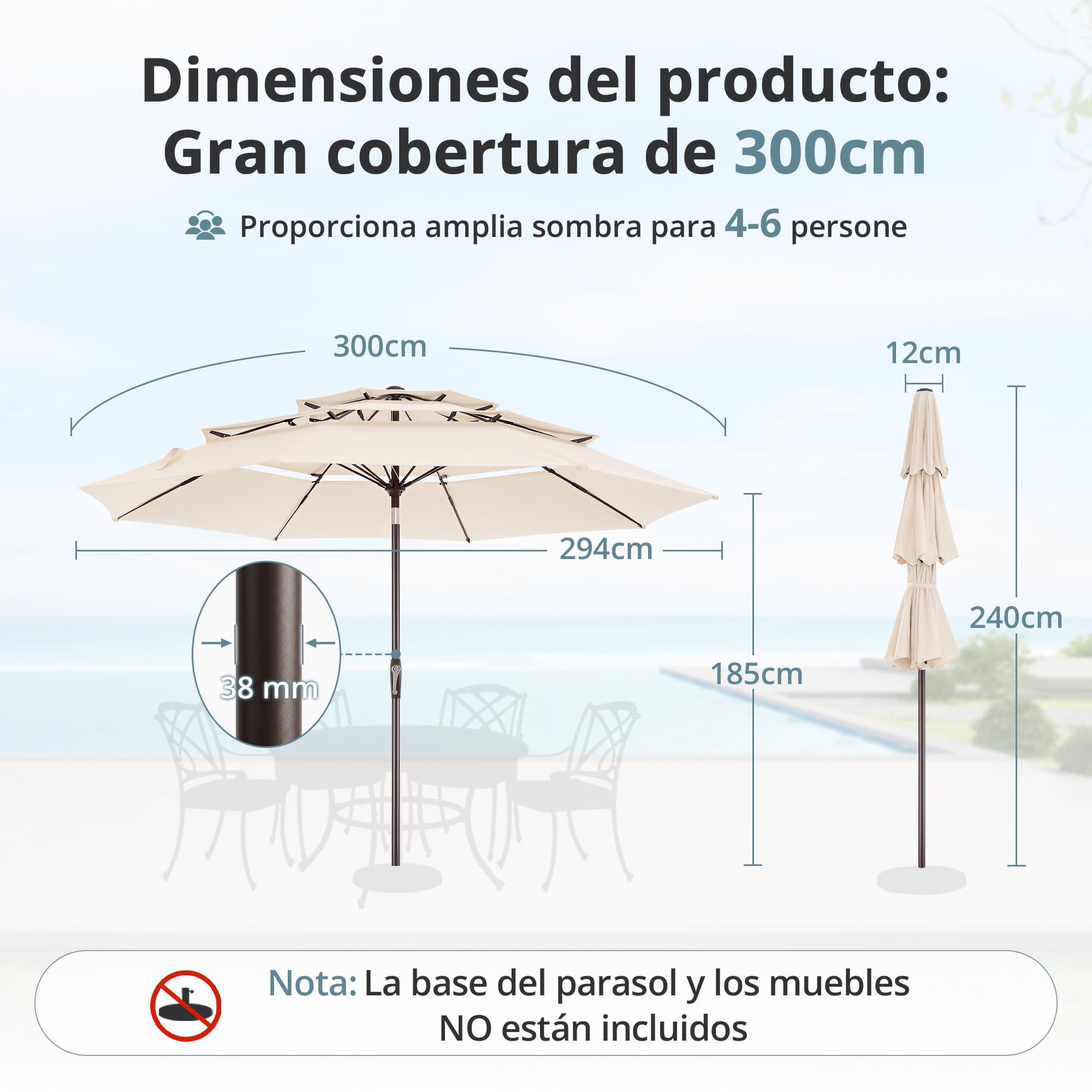 LUE BONA Sombrilla de Terraza, Sombrilla de Jardín de 300 cm, Toldo Ventilado de Tres Capas, Ángulo Ajustable, 8 Varillas y Manivela, Diseño Resistente al Viento