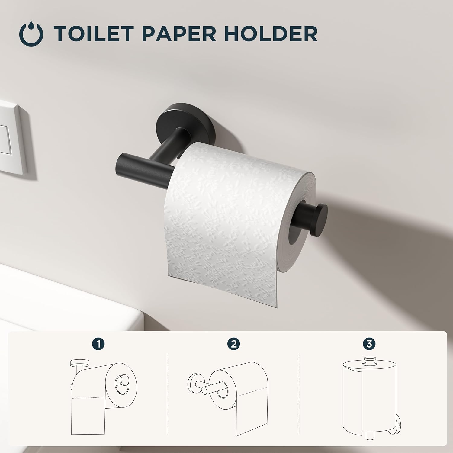 FORIOUS 5 Piece Black Bathroom Accessories, SUS304 Stainless Steel Toilet Paper Holder and Hand Towel Holder Set, Wall Mounted Bathroom Hardware Set with Towel Ring Hooks Bar