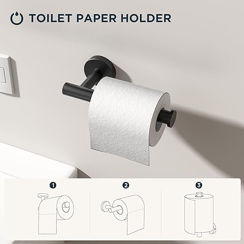 Miniatura 4 de FORIOUS Juego de 4 accesorios de baño negros, soporte para papel higiénico de acero inoxidable SUS304 y soporte para toallas de mano, juego de