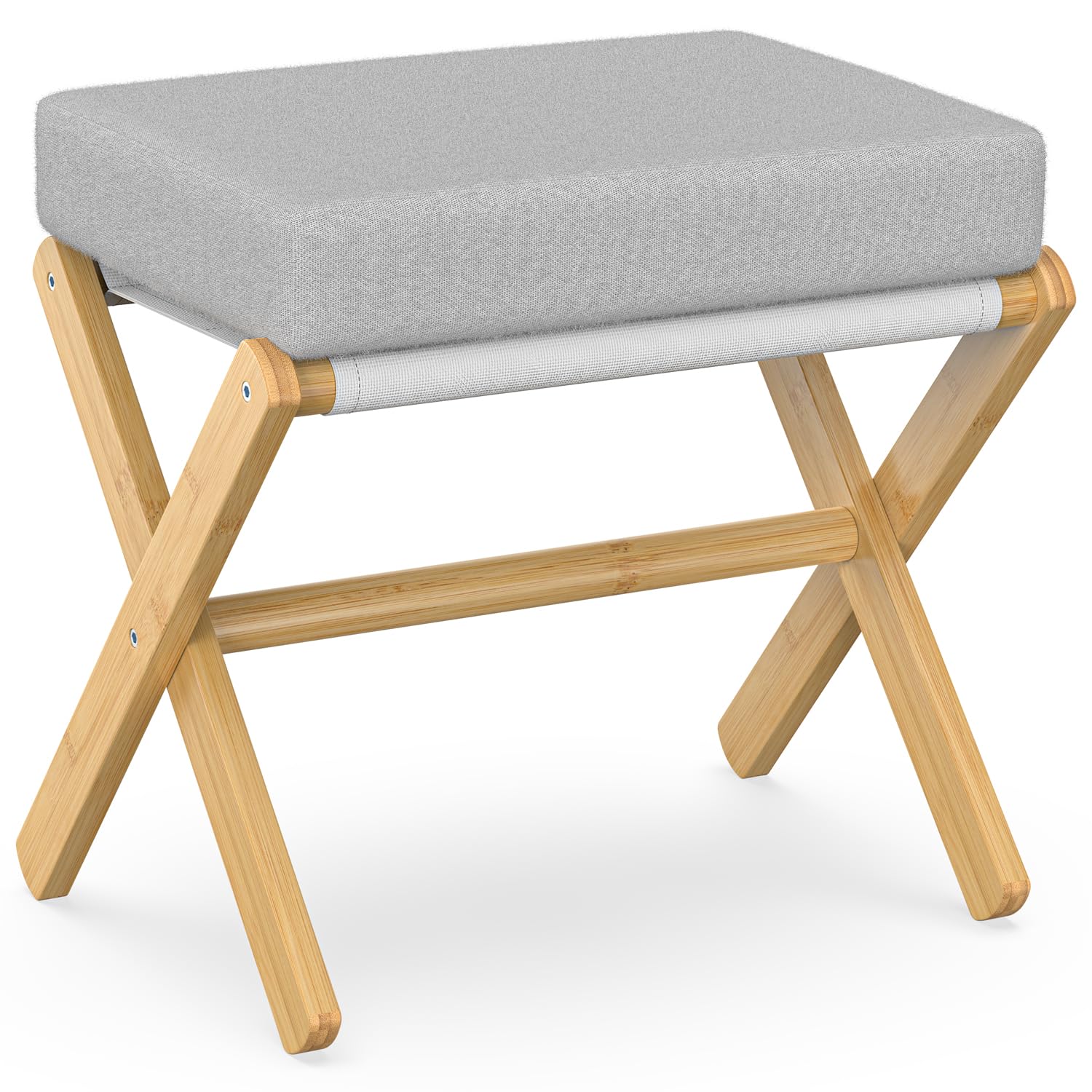 BAMBOOHOMIE Sgabello poggiapiedi pieghevole, moderno, con gambe a X in bambù e cuscino in schiuma spessa, sgabello pieghevole piccolo imbottito per camera da letto e soggiorno, poggiapiedi per sedia
