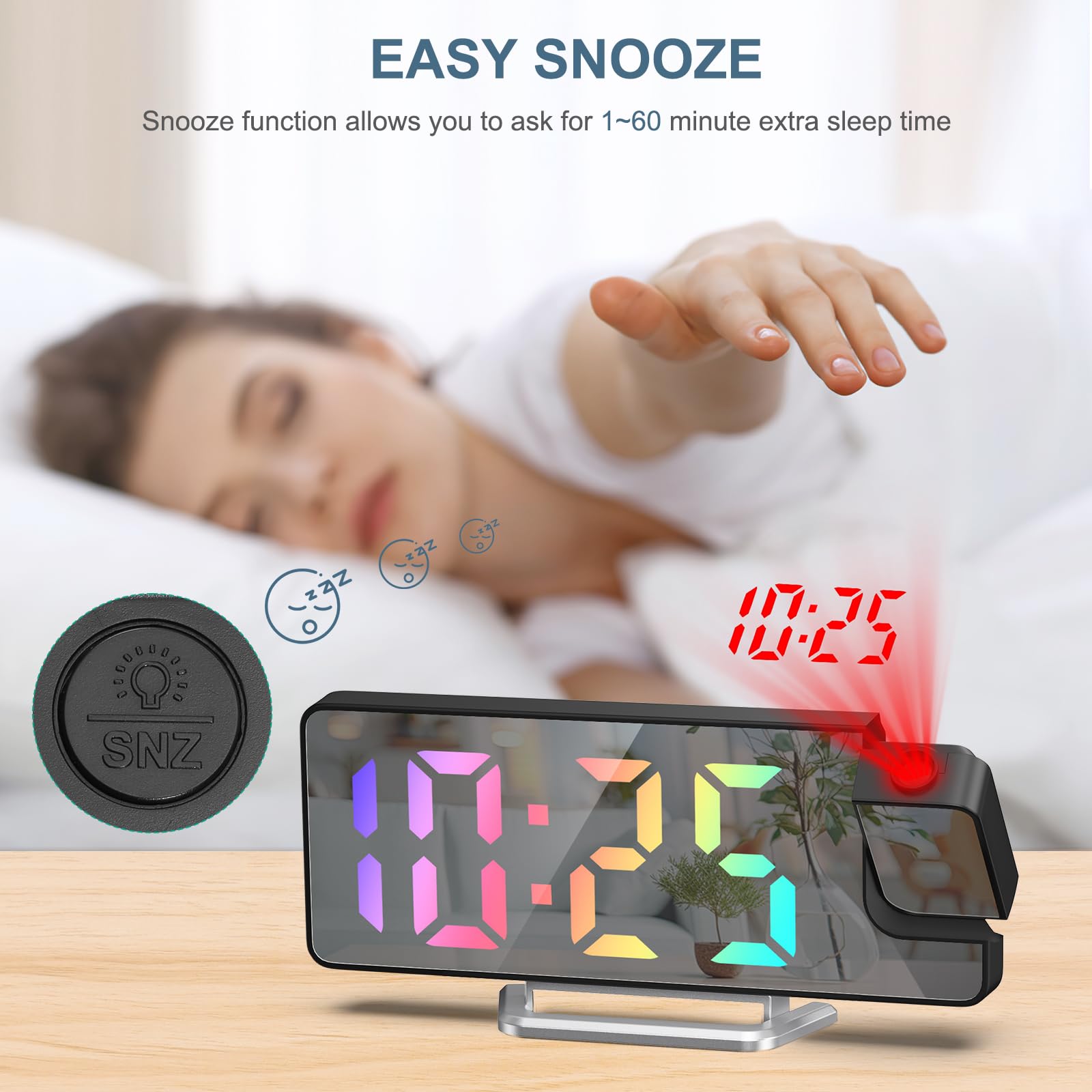 Sveglia Con Proiezione A 180° - Display Temperatura, 3 Luminosità, Allarme Snooze, USB - Foto 3