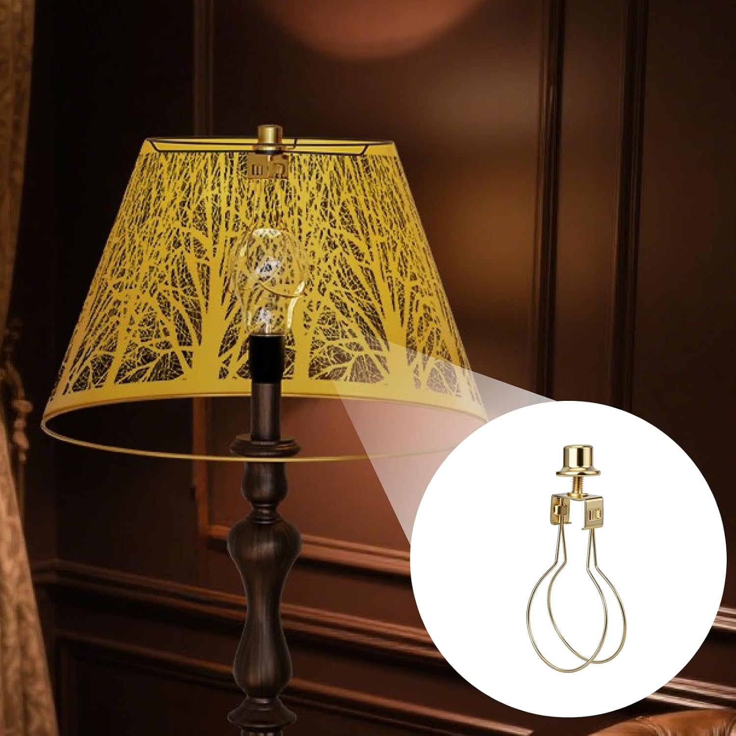 2 Pack Round Lamp Shade Light Bulb Clip Adapter, ALUCSET Lampshade Holder Clip on with Lamp Shade Attaching Finial Top Bracket Holder Support Fitter Parts Converter (Set of 2, Gold)