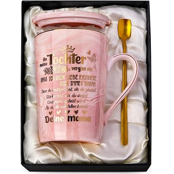 ALBISS Mother Daughter Gift for Best Daughter with 400 ml Beautiful Mug 400 ml pink ceramic mug with elegant gold print. Lovely gift from mum or dad for birthday Christmas