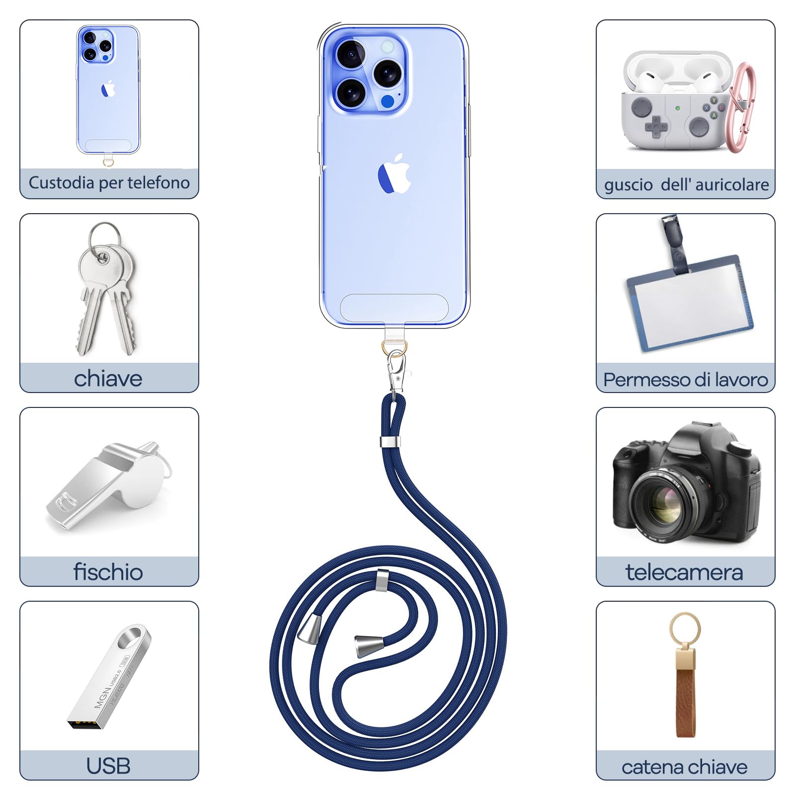 caslord Cordino per Cellulare*1, Trasparente Patch Universali*2, Adatto a Tutti Gli Smartphone, Cinturino per Cellulare Abbinabile a Qualsiasi Custodia, Regolabile e Rimovibile - Blu brillante