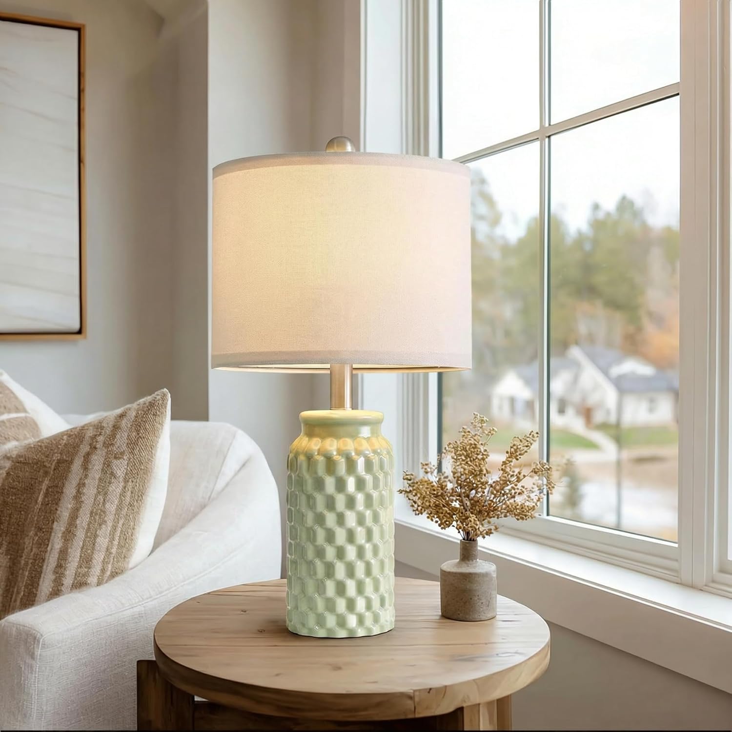 20.5" Set of 2 Bedside Table Lamps Modern Green Honeycomb Ceramic - Linen Shade, E26 Knob Switch for Living Room, Bedroom & Nightstand