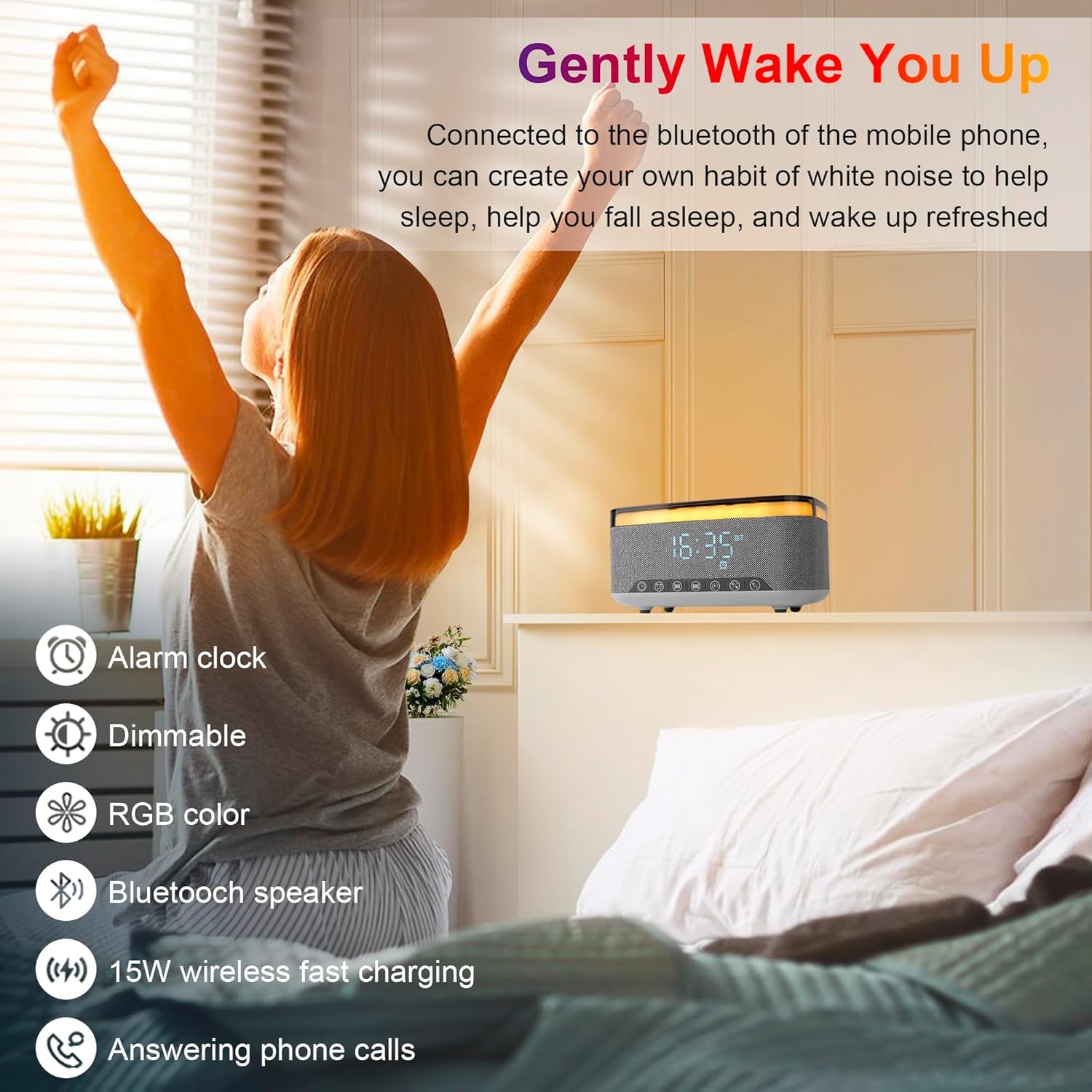 Lampe de Charge sans Fil, Reveil Chargeur Induction, Enceinte Bluetooth avec éclairage d'ambiance synchronisé avec la Musique, Réveil numérique,pour Chambre/Camping/décor de Salon